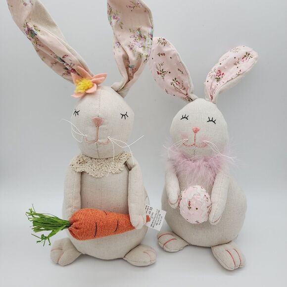 Pair of Linen Fabric Easter Bunny Dolls Plush Country Decor Carrot Egg Primitive